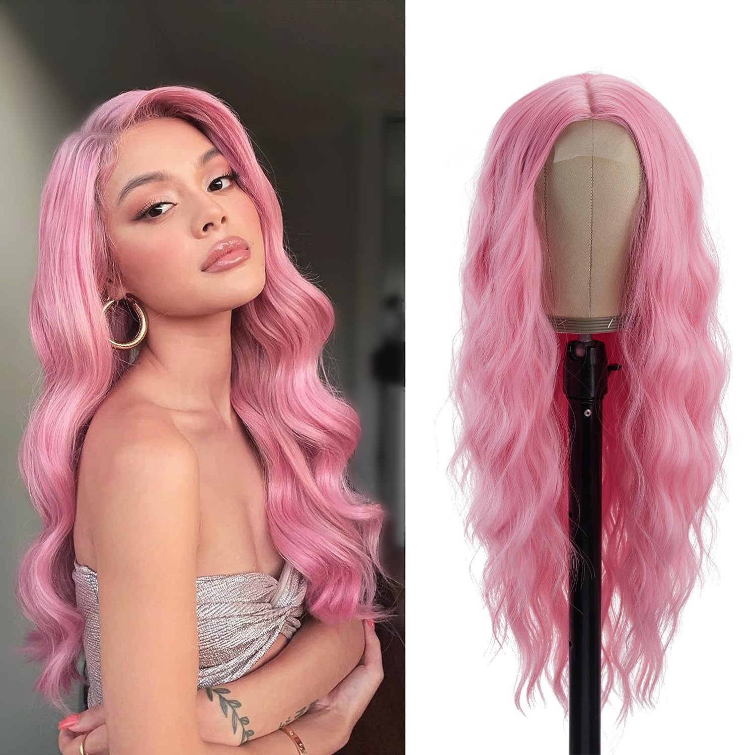 PORSMEER Long Pink Wavy Wig for Women 26 Inch Middle Part Curly Natural Looking Synthetic Heat Resistant Fiber for Daily Party Use