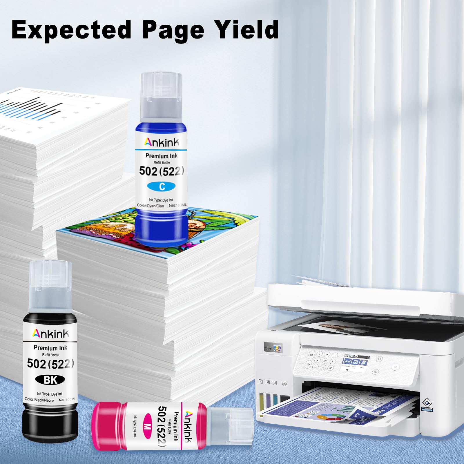 502 Ink Refill Bottles (3BK C/M/Y) for Ecotank ET-2760, ET-3760, ET-4760, ET-2800, ET-2850, ET-2750, ET-15000, ET-4850, ET4750, ET-3710, ET-3850, ET-3750, ET-3830, ST4000, ST2000, ST3000 ET3700 ET2700