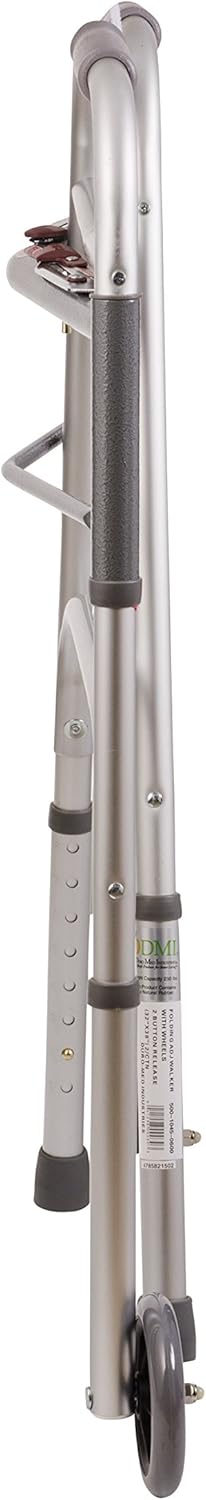 DMI Lightweight Aluminum Folding Walker with Easy Two Button Release, 5 Inch Wheels, Adjustable Height, No Assembly Needed, Silver: Health & Personal Care