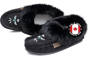 Laurentian Chief Moccasin Slippers for Woman - Orlon Beaded Slippers with Fur Trim and Padded Sole, Canada Quality Womens Sli