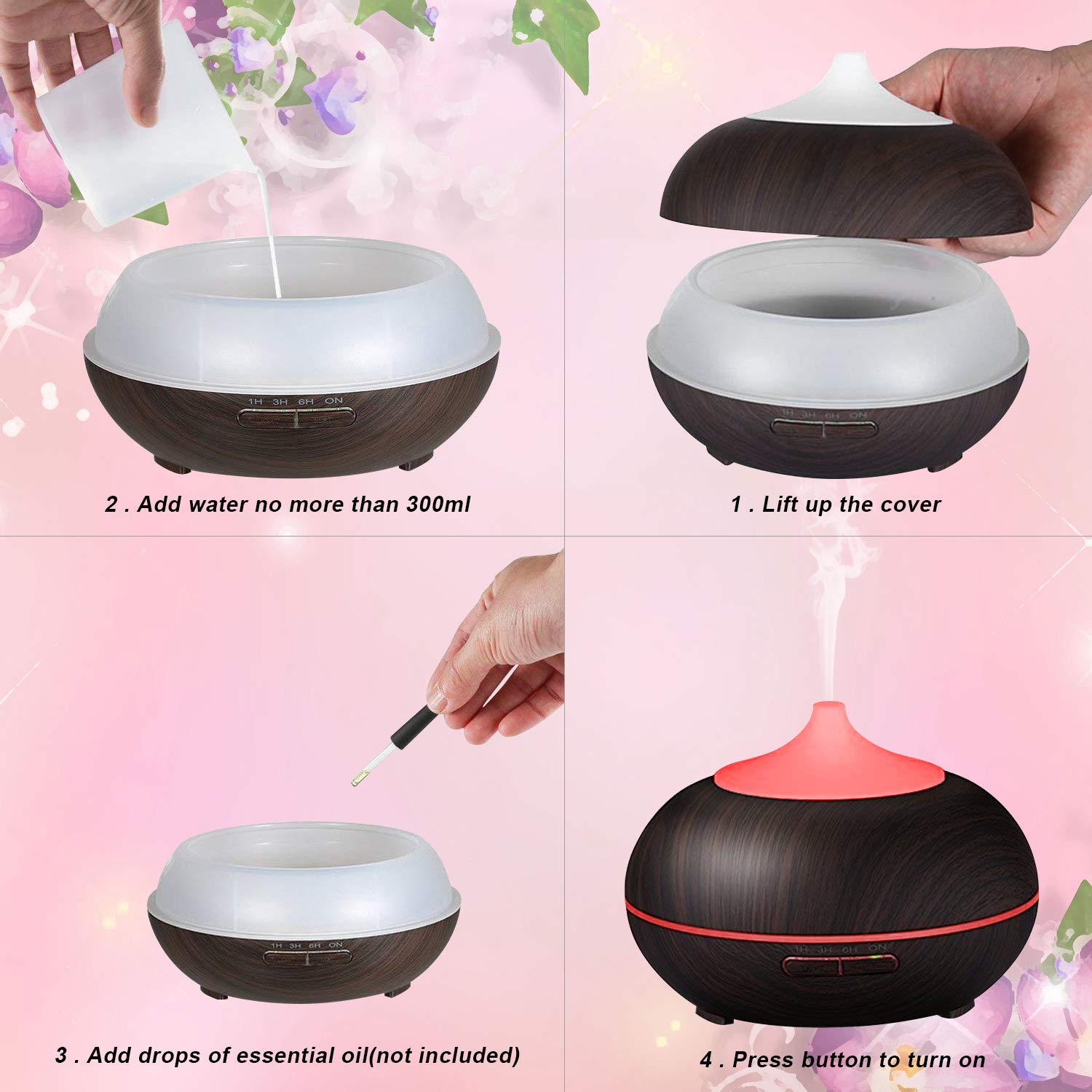 POWERIVER Aroma Essential Oil Diffuser 300ml for Aromatherapy with Adjustable Mist Modes Humidifiers with Auto Shut-off, Changing Colored LED Lights for Home, Spa, Baby Room, Office (24 Black)