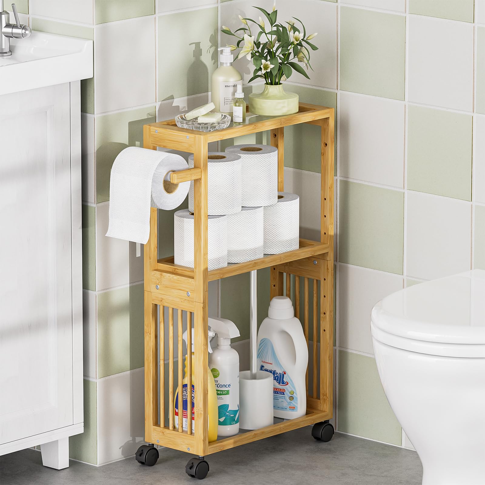 Photo 1 of ***FOR PARTS/DAMAGED PIECES*** AmazerBath Slim Toilet Paper Holder with Storage Shelf Bamboo - Small Bathroom Storage Cabinet Next to Toilet, Skinny Shelf for Small Spaces, 3 Tier Rolling Stand for Bathroom Kitchen, Natural Color