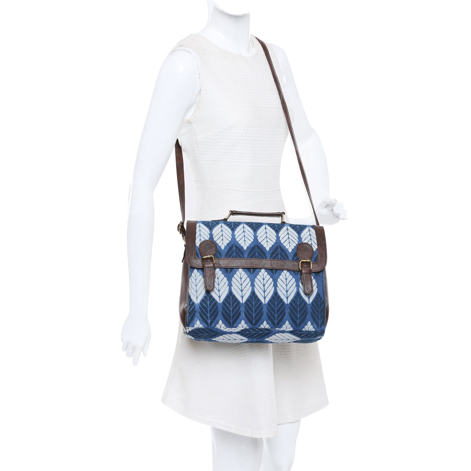 vivinkaa ethnic printed blue leaf print satchel