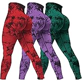 Rugkey Women's 3 Piece Yoga Leggings High Waist Tie Dye Seamless Scrunch Butt Lifting Athletic Booty Pants