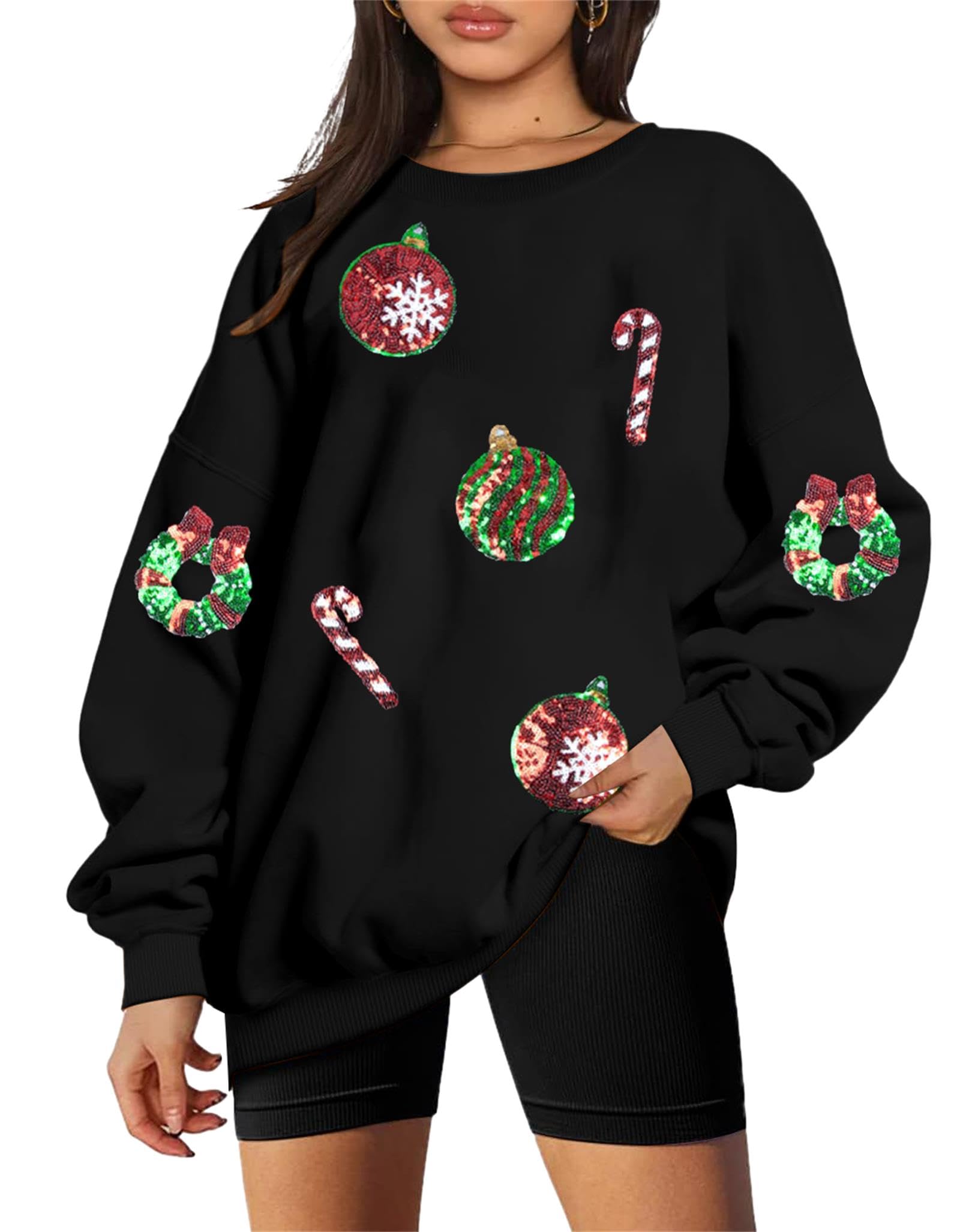 Photo 1 of JINTING Christmas Sweatshirt Women Sequined Xmas Graphic Pullover Sweatshirt Crewneck Long Sleeve oversised Tee Tops Black (large)
