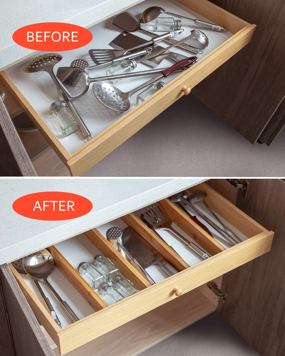 Drawer Dividers Bamboo Organizer Kitchen Clothes Utensils Spring Adjustable Expandable Storage Separators for Bedroom Bathroom Office Set of 4 Pack: Home Improvement