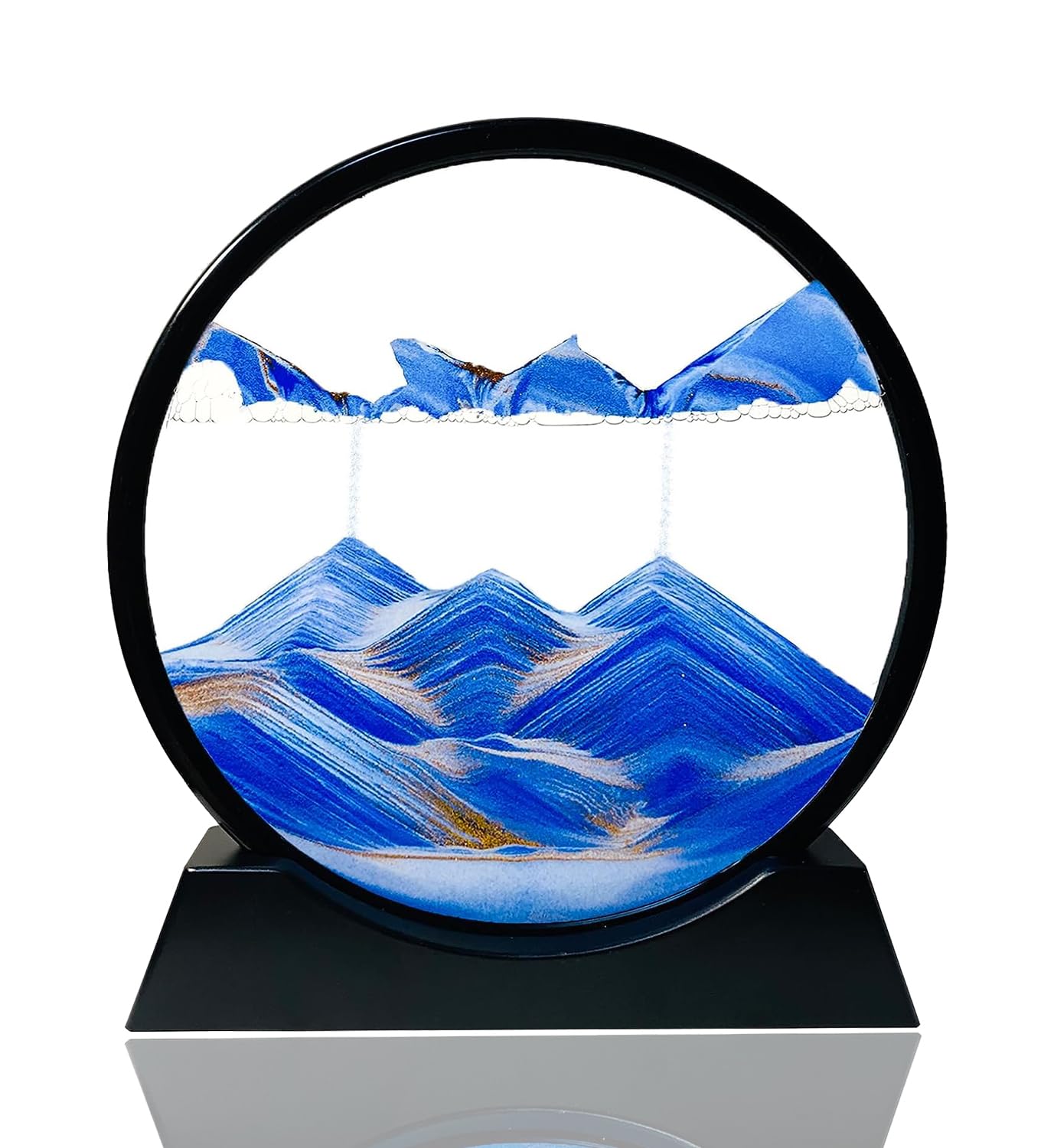 Ieron Blue 7" Moving Sand Art Picture Display, Round Glass Flowing Sand Painting 3D Dynamic Hourglass Deep Sea Relaxing Ocean Natural Decor for Desktop Home Office Work