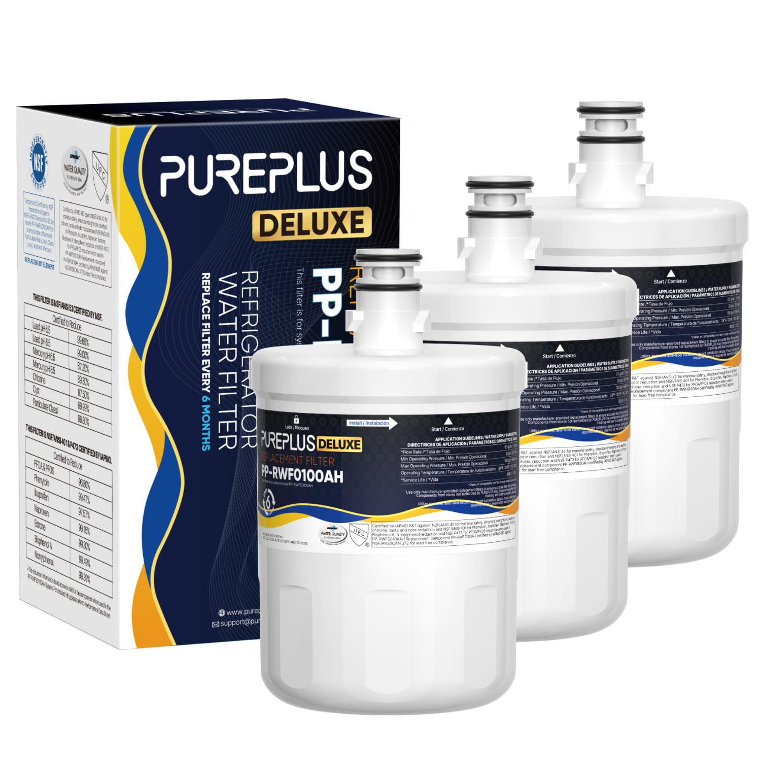 PUREPLUS NSF/ANSI 401, 53, 42 & NSF P473 Certified Replacement for LG LT500P, ADQ72910901, GEN11042FR-08, Kenmore 9890, 469890, HDX FML-1, ADQ72910907 Refrigerator Water Filter, 3Pack Image
