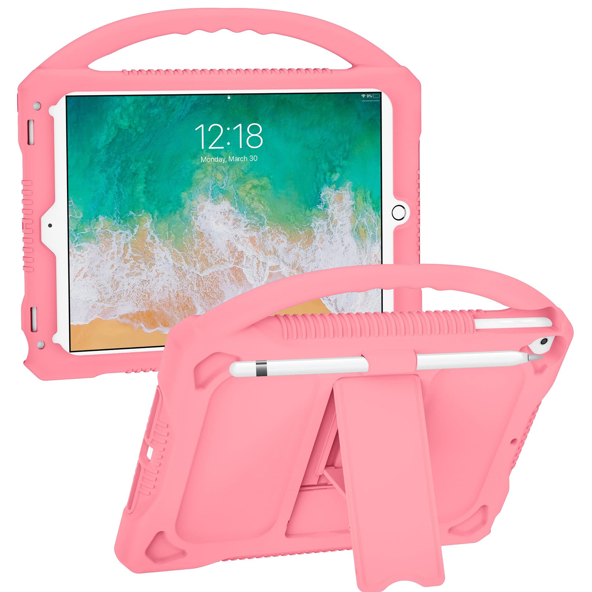 JOGUIIA Kids Case for iPad 6th/5th Generation 9.7",Premium Silicone Cover for iPad 9.7inch 2018/2017,Built-in Stand Handle iPad Air/Air 2(Pink)