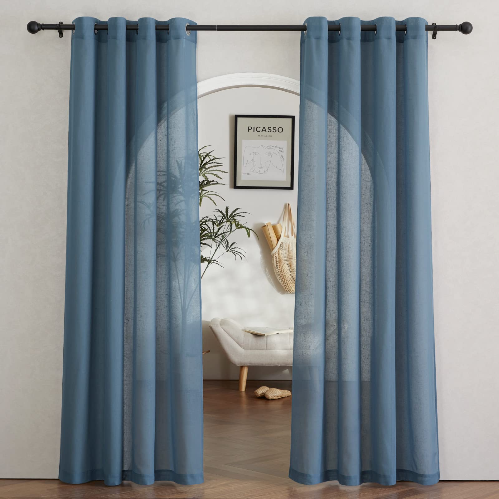 NICETOWN Flax Linen Sheer Curtains for Living Room, (Stone Blue) Grommet Vertical Drapes Semi Sheer Linen Curtains Privacy with Light Filtering for Villa/Farmhouse, W52 x L84, 1 Pair Image