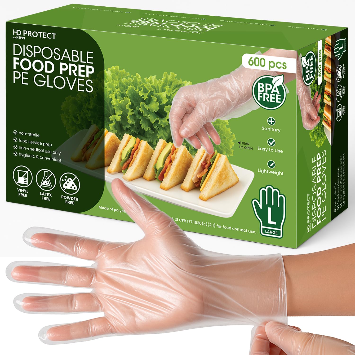 Keppi HD PROTECT Disposable Plastic Gloves 600 Pack (Large) – Food Safe, BPA & Latex-Free HDPE Gloves for Cooking, Food Prep, Kitchen Use, Serving & Crafts – Clear, Single-Use, Comfortable Fit