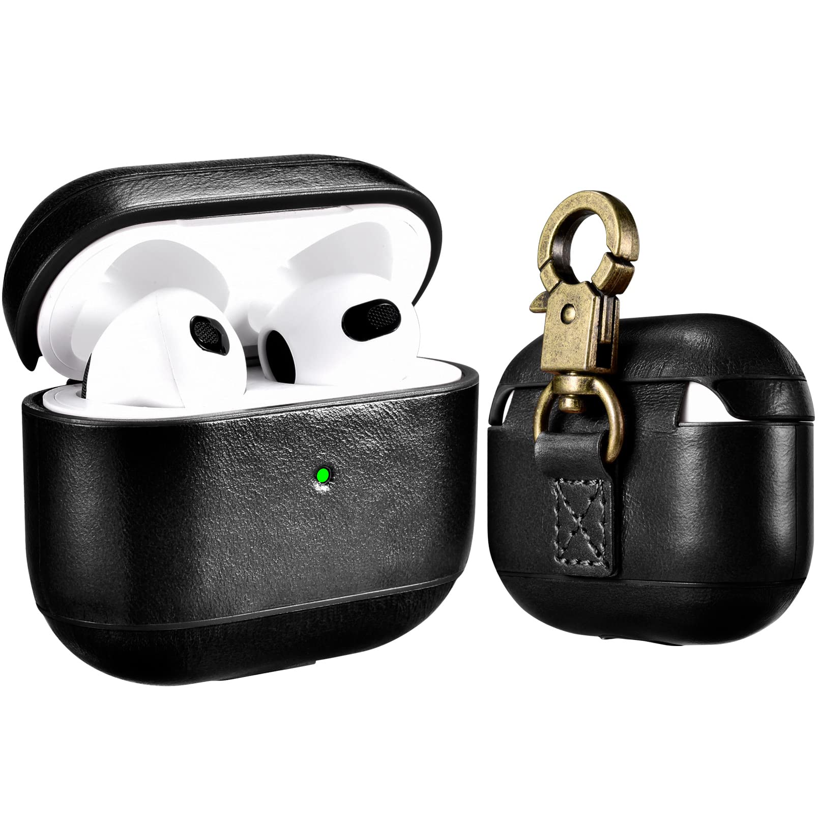 AirPods 3 2021 Case Cover, ICARER Premium Genuine Leather Vintage Portable Shockproof Protective Cover with Keychain for Apple AirPods 3 2021 (Front LED Visible) Support Wireless Charging (Black)