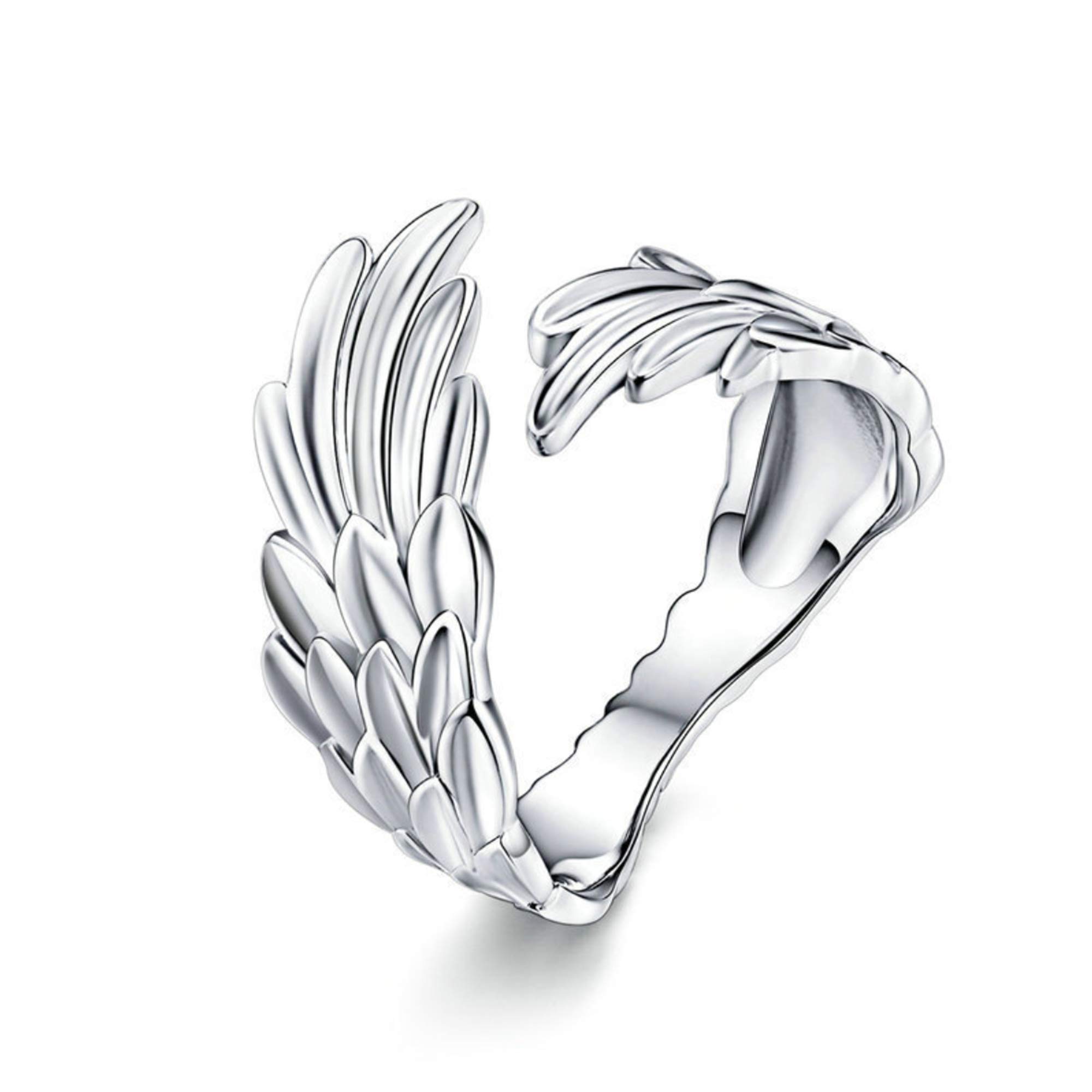 URBAN SHe° 925 Sterling Silver Guardian Angel Wing Ring love support Protection Wrap up Feather Silver Ring (Plain Silver)