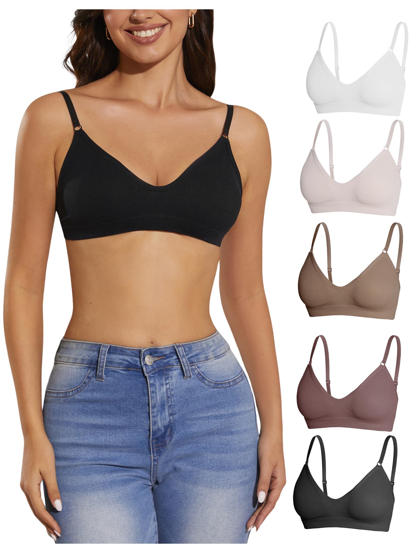 Photo 1 of OYOANGLE Women's 5 Pieces Rib Knit Spaghetti Strap V Neck Wireless Bra Set Seamless Solid Plain No Padded Bralette Brown White