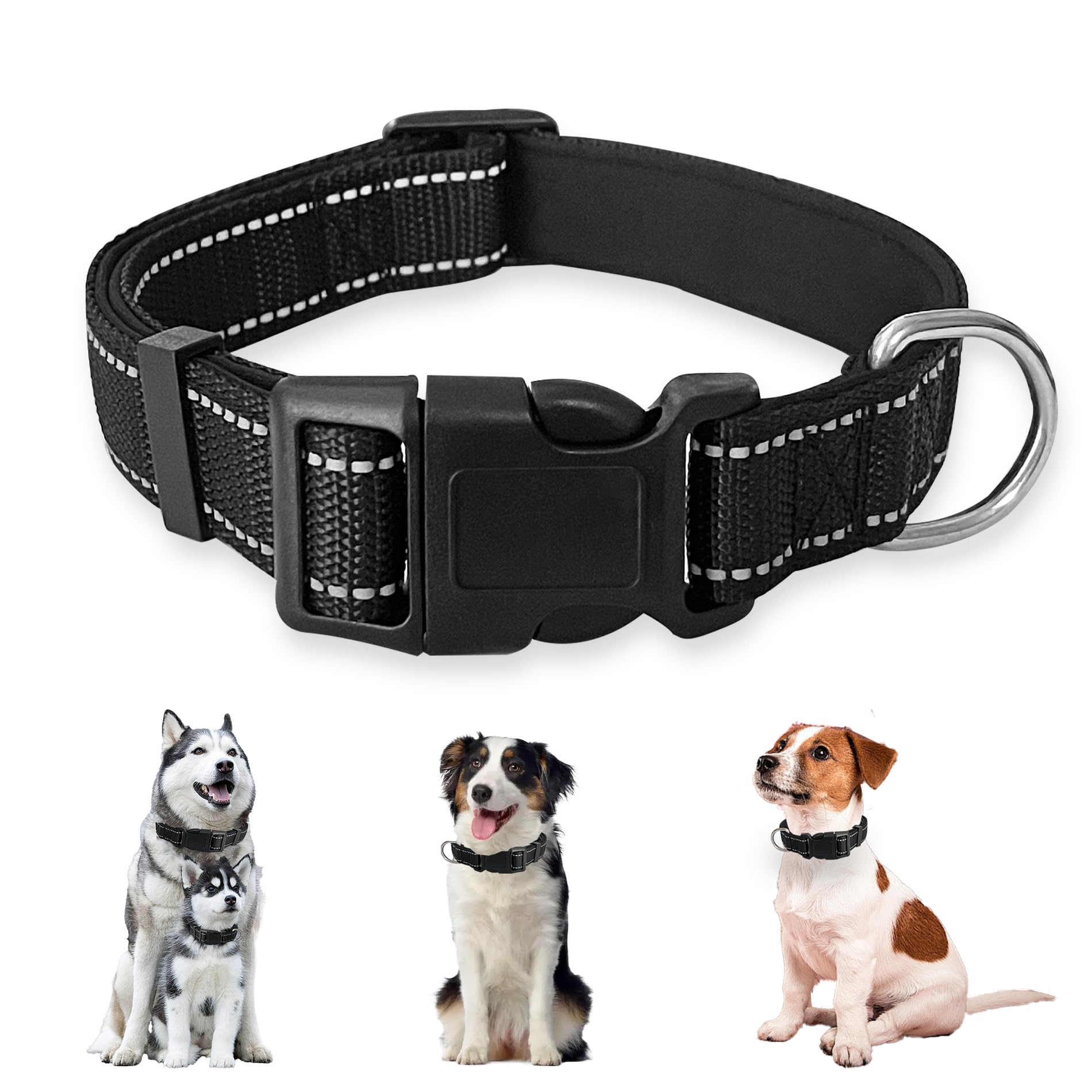 UBRAVE Dog Collar,Reflective Nylon Dog Collar,With Quick Release Buckle,With Soft Neoprene Padding，Adjustable Nylon Collars For Medium Dogs, M, Black