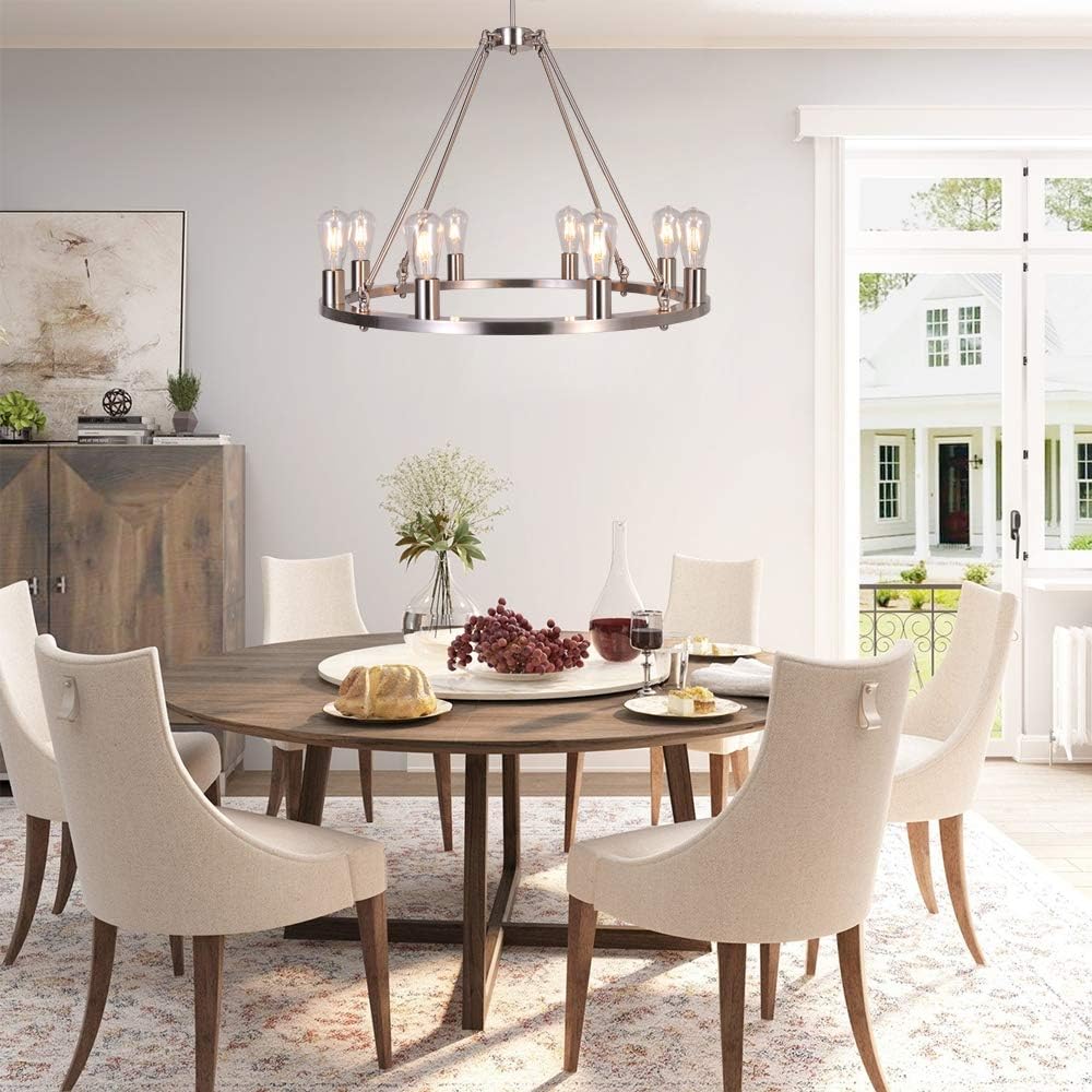 OSAIRUOS Farmhouse Rustic Chandelier Antique Retro Industrial Ceiling Pendant Light Round Rod Iron Chandeliers Lighting Fixture 8-Lights for Kitchen Island Living Room W30'', Nickel - - 
