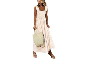 Caracilia Women's Summer Casual Plaid Smocked Maxi Dress Ruffle Spaghetti Strap Long Dresses 2026 Spring Vacation Sundress