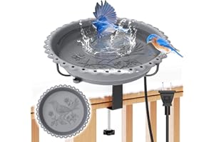 ODSNANIE Heated Bird Bath for Outdoors, Upgraded 100W Thermostatically Controlled Heated Bird Baths for Deck Railing Large Capacity Heated Birdbath for Outside Winter Garden Yard Patio Lawn (Grey)