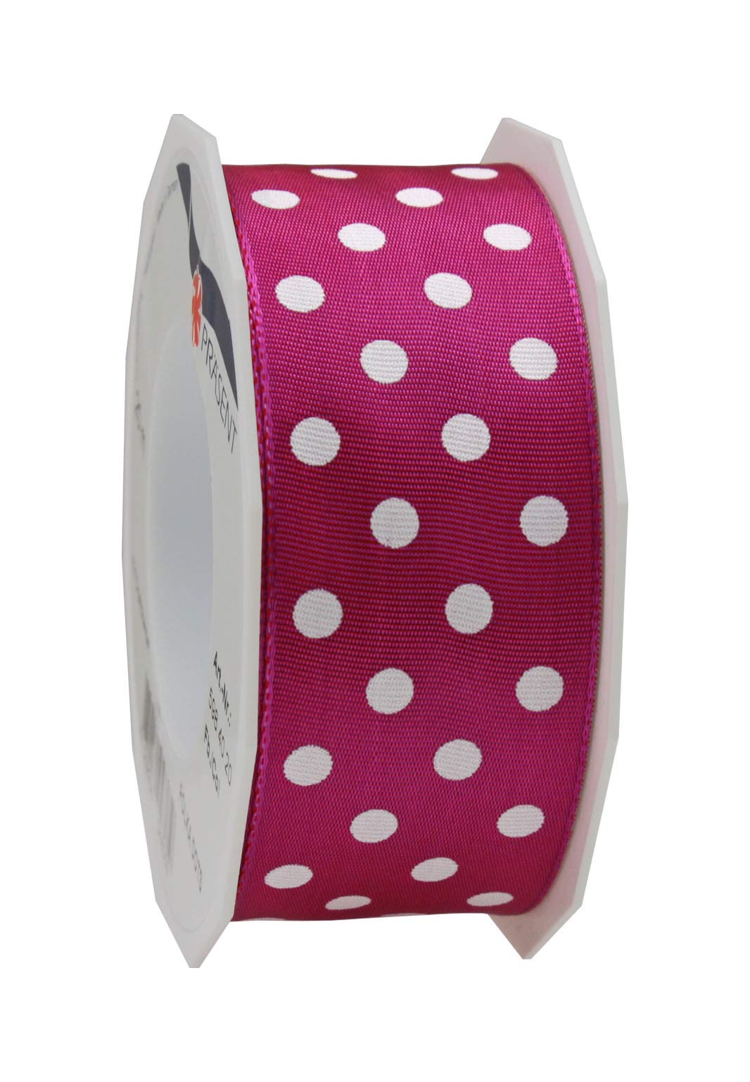 Präsent - Polka Dots Wired & Printed Ribbon Magenta-White 40 mm Width, 20 m Length