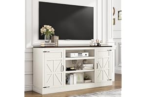 Hlivelood 66" Farmhouse TV Stand with Power Outlets for 75 Inch TVs, 33" Tall Entertainment Center with Storage Cabinets w/Adjustable Shelves, Rustic Large TV Media Console, Rustic White