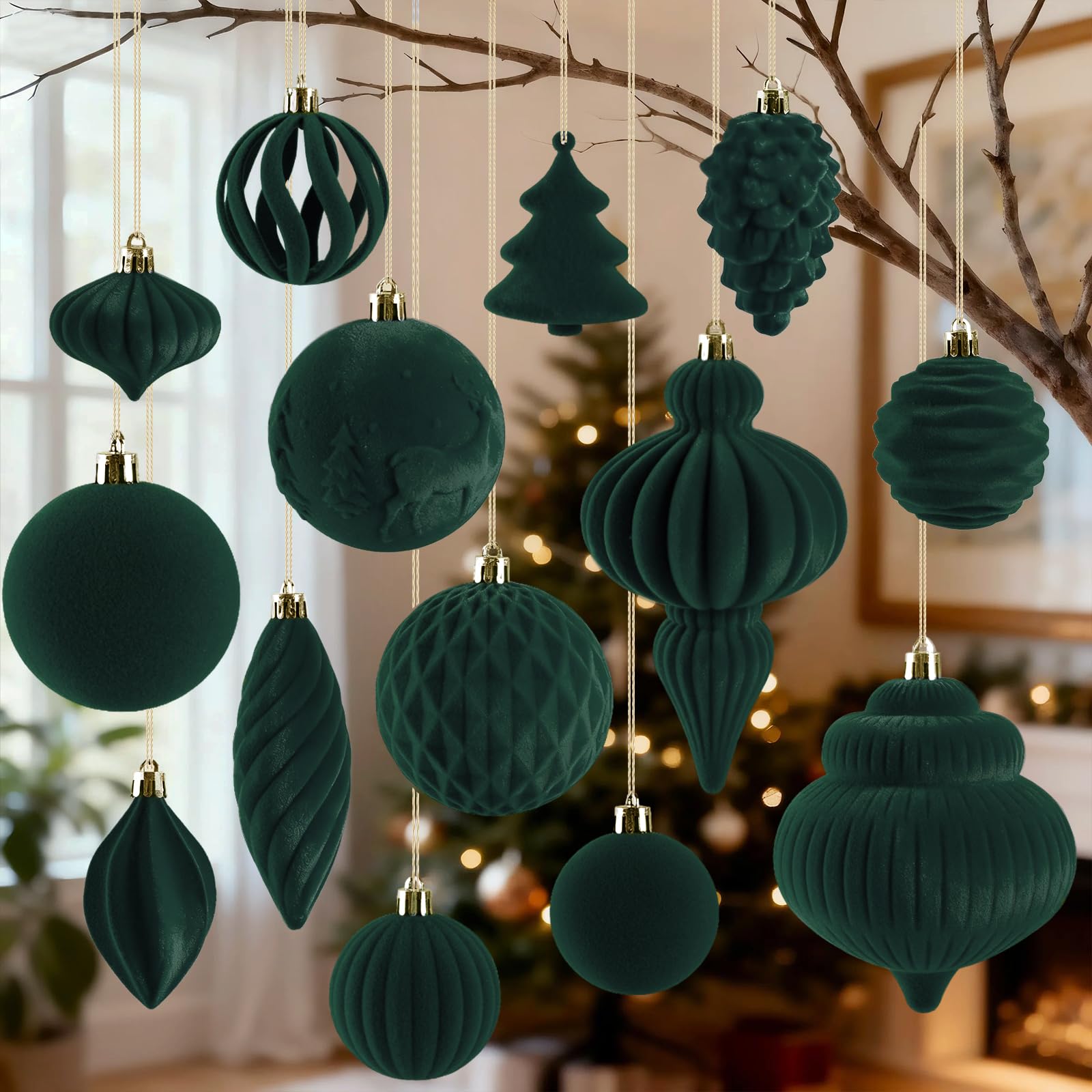 Photo 1 of 18Pcs Velvet Christmas Tree Ornaments Set, Green Shatterproof Flocked Christmas Decorations Bulk for Tree, Decorative Hanging Ball Ornaments for Xmas Holiday Home Party Decor