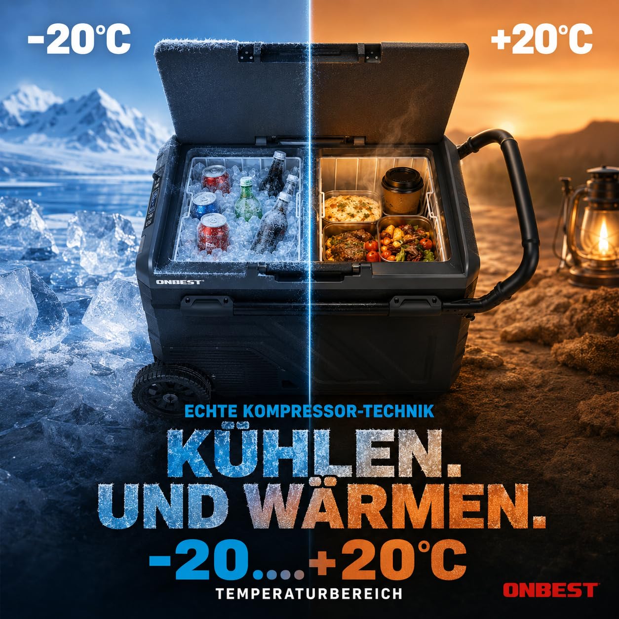 ONBEST XXL Kompressor Kühlbox – Große 40L – Elektrische Gefrierbox & Teleskophandgriff – 12V & 230V Stromanschluss – Mobile Kompressorkühlbox mit integriertem Zubehör – Autokühlboxen 3