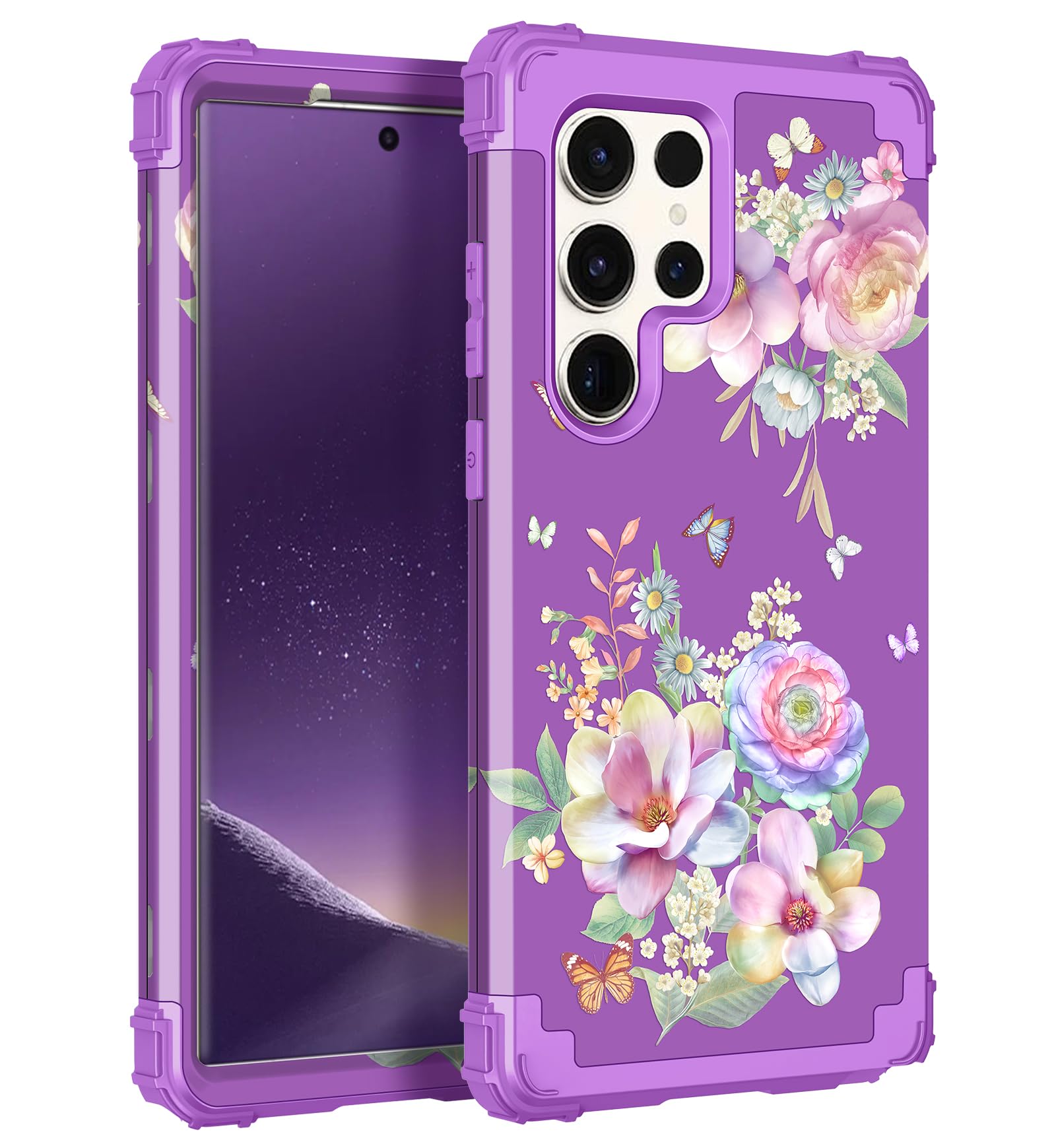 LONTECT for Galaxy S23 Ultra Case Glow in The Dark Three Layer Heavy Duty Shockproof Hard PC+Soft Silicone Rugged Full Body Protective Case for Women Girls,Purple/Moonflower