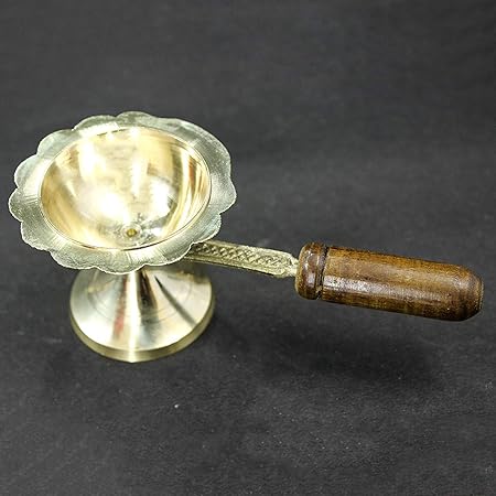 Ganeh Decoration Brass Diya with Wooden Handle by Shri Anand (Large Size)| Brass Diya for Pooja Room(Height:3.3,Handle Length:6.5,Diameter:4 inch)