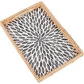 Tynulox Rectangle Rattan Tray with Mother of Pearl Inlay, Rattan Serving Tray with Handle for Coffee, Bread, Fruits, Snacks, Decorative Wicker Tray for Table Decor (Rectangle Dark Blue Leaf, 13"×9")