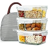 DAS TRUST 3 Pack 36oz Bento Box Meal Prep Containers - 3 Compartment Glass Food Storage Containers with Lids - Oven & Microwa