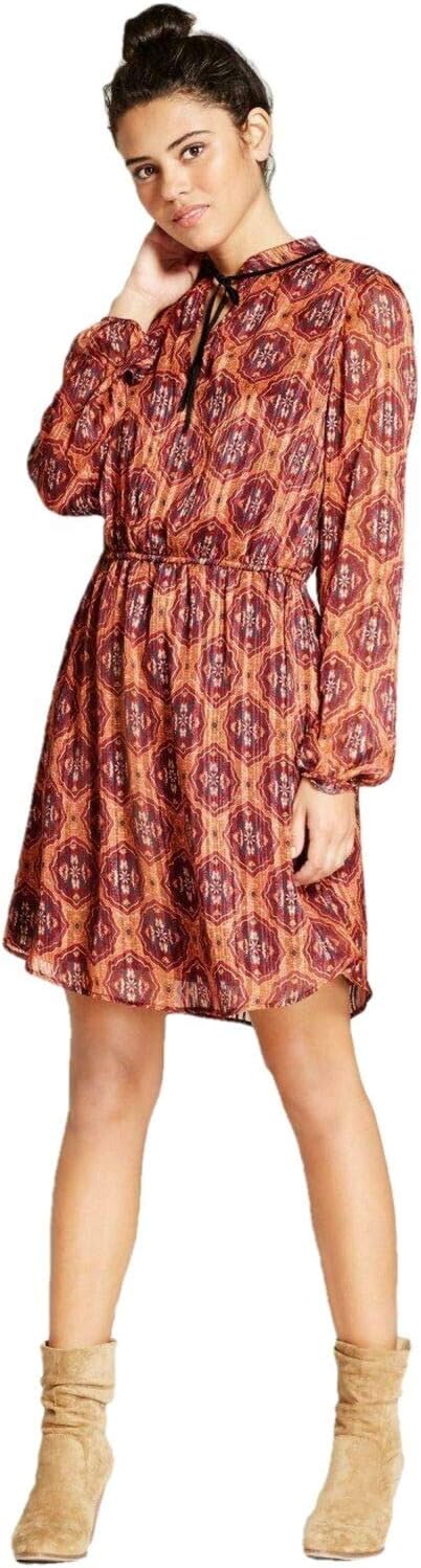 Xhilaration Women's Velvet Accents Tie-Neck Metallic Thread Dress