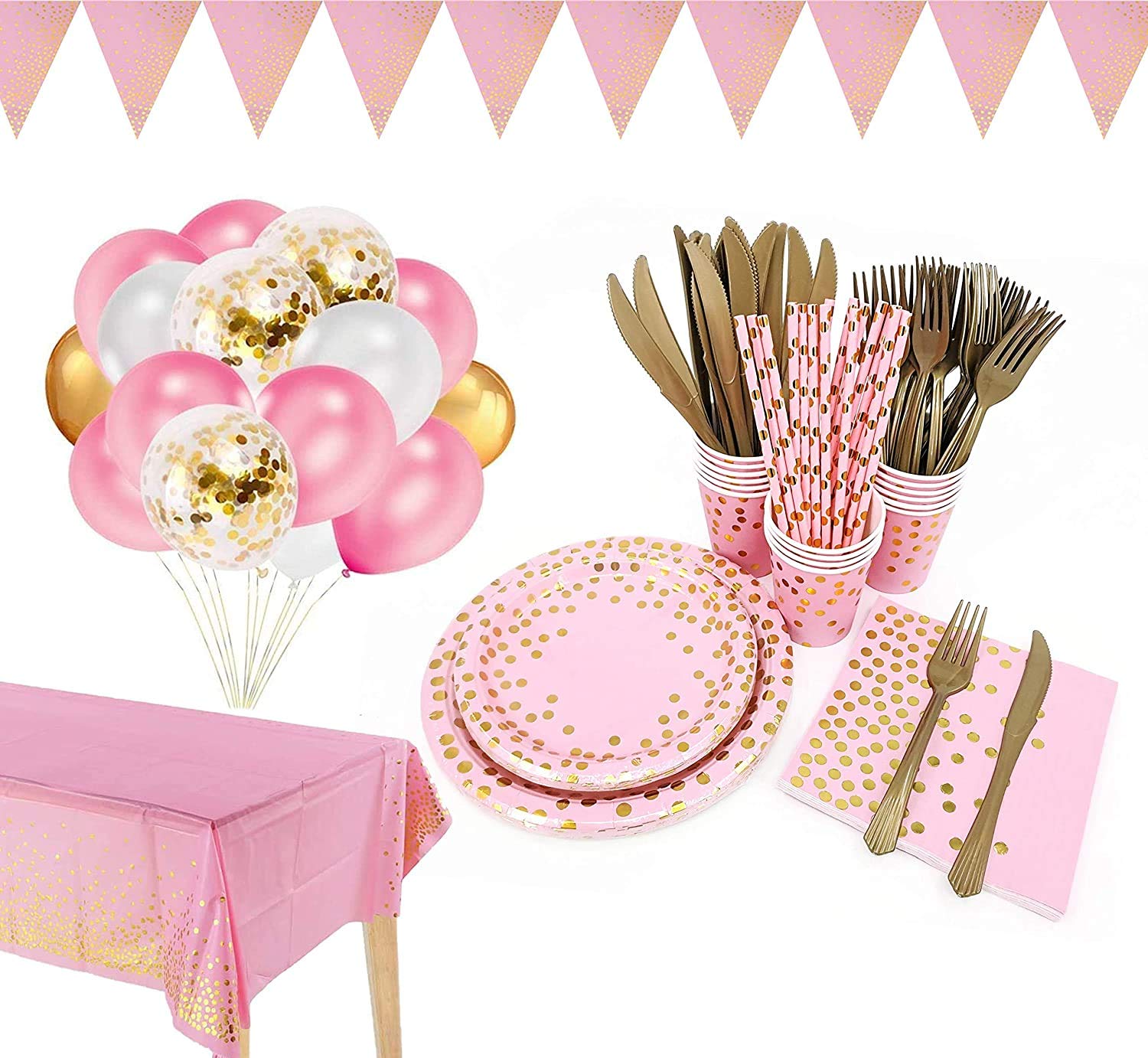 142 Piece Pink & Gold Party Set - Golden Dinnerware, Pink Paper Plates, Napkins, Cups for Graduation, Birthday, Cocktail Party