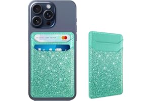 Yiyahu Self Adhesive Card Holders for Back of Phone, Leather RFID Phone Wallet Pockets Stick On, Credit Card Holders Sleeve for Phone Case, Glitter Teal