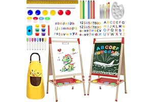 Juivin Double Sided Chalk & White Board Magnetic Art Easel for Kids, Adjustable Height Wooden Easel with Alphabet Numbers, Paper Roll, Educational Toys for Toddlers