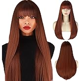 ENTRANCED STYLES Auburn Wigs for Women Long Straight Wig with Bangs Reddish Brown Wig Colored Cosplay Wig Heat Resistant Synthetic Copper Red Wig for Daily Party Use 22 Inch