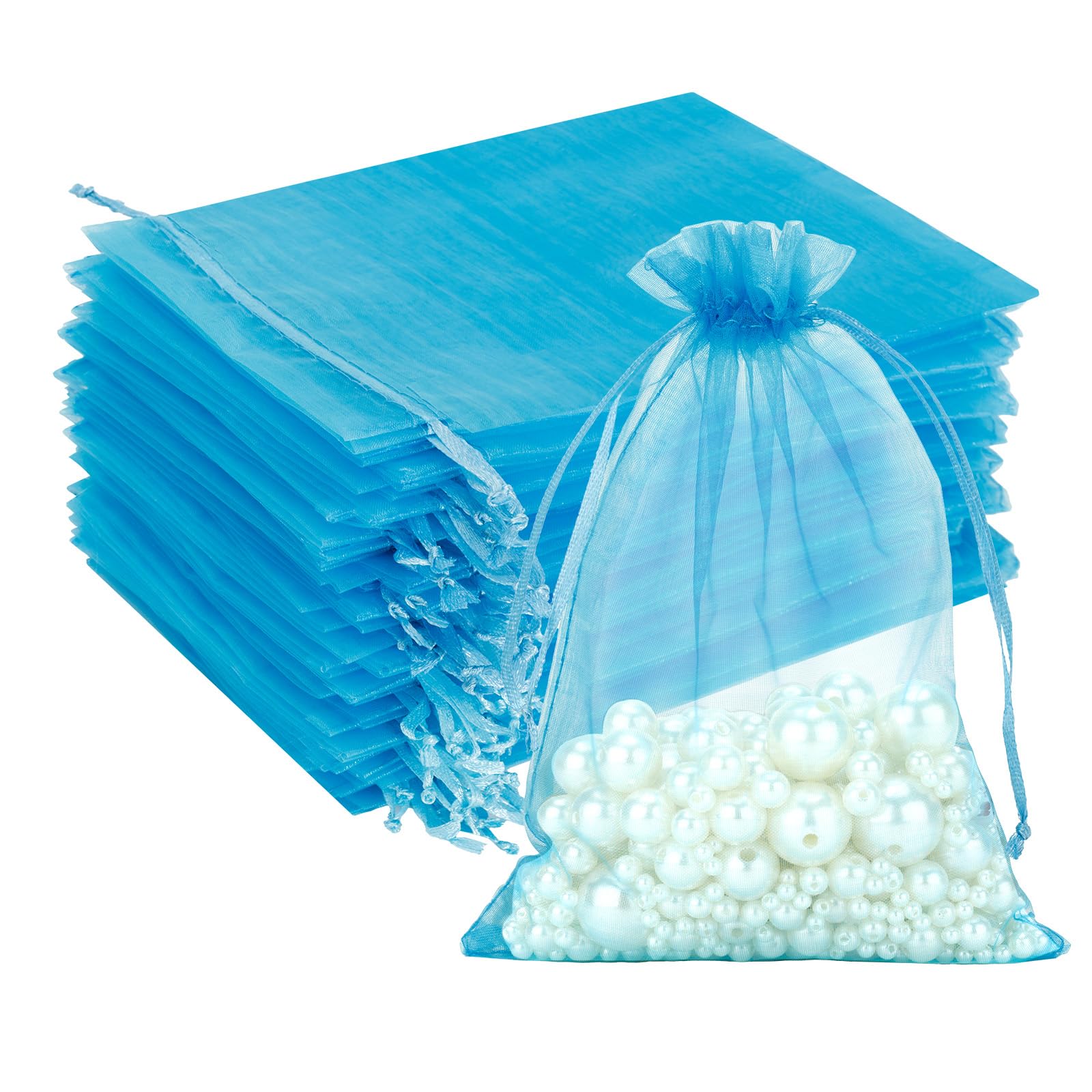 G2PLUS Lake Blue Organza Gift Bags: 13x18 CM Clear Mesh Pouches, 100 PCS Organza Jewellery Bags, Large Favour Pouches for Wedding, Birthday Party Supplies