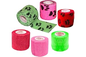PRAIRIE HORSE SUPPLY 2 Inch Vet Wrap Tape Bulk (Green, Pink, Red and Black Paw Prints on Green, Pink, Red) (Pack of 6) Self Adhesive Adherent Adhering Flex Bandage Grip Roll for Dog Cat Pet