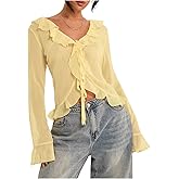 GORGLITTER Women's Bell Sleeve Mesh Sheer Top Tie Front Ruffle See Through Going Out Blouses Vacation Holiday Outfits