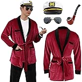 nezababy Mens Hefner Costume Red Velvet Robe Jacket Captain Hat Pipe Sunglasses Accessories Halloween Cosplay for Adult