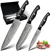 Huusk Damascus Chef Knife Set 3 PCS，VG10 Santoku Knives set，Damascus Kitchen Utility Knives set with Ebony Handle, Paring Knives Set for Meat Vegetable Fruit, Christmas Gift for Men and Women