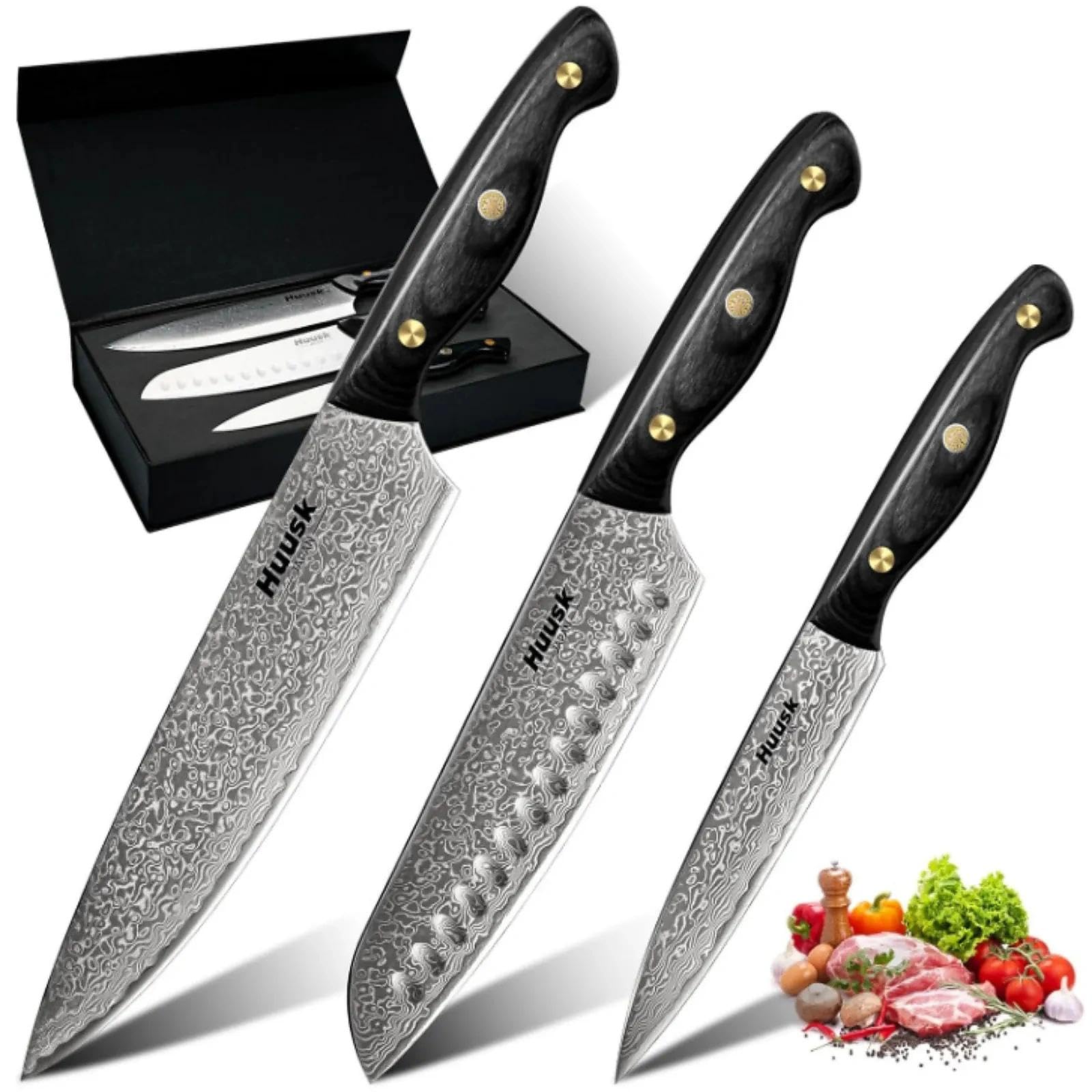 Huusk Damascus Chef Knife Set 3 PCS，VG10 Santoku Knives set，Damascus Kitchen Utility Knives set with Ebony Handle, Paring Knives Set for Meat Vegetable Fruit, Christmas Gift for Men and Women Image