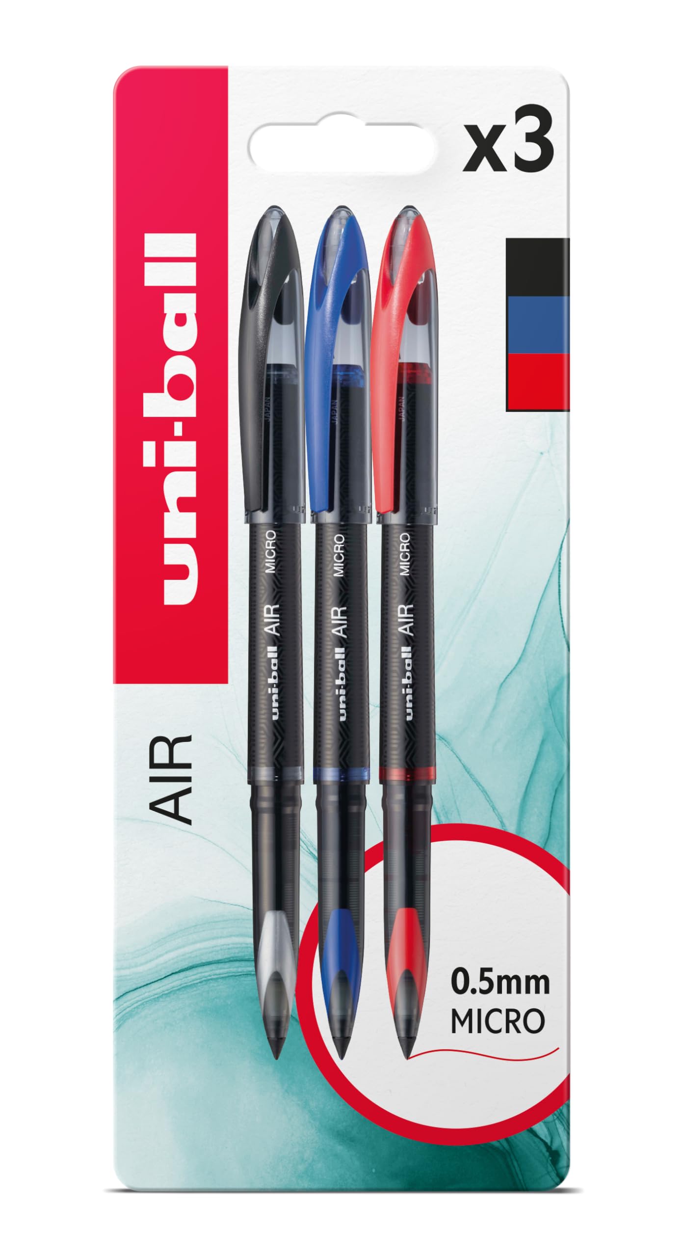 uni-ball - Air, Micro Nib, Black, Blue & Red Liquid Ink Rollerball Pens (3pc Set) - Smooth, Comfortable, Long Lasting, Japanese Quality, for School, Work, Office, Study, Teacher, Notes, Journal, Gift