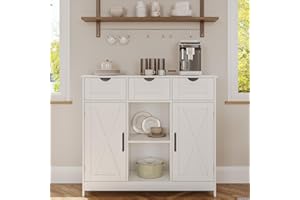Viaozutis Storage Cabinet, Coffee Bar Cabinet with 2 Adjustable Shelves, 3 Drawers, and 2 Doors, for Bathroom, Kitchen, Living Room (White)