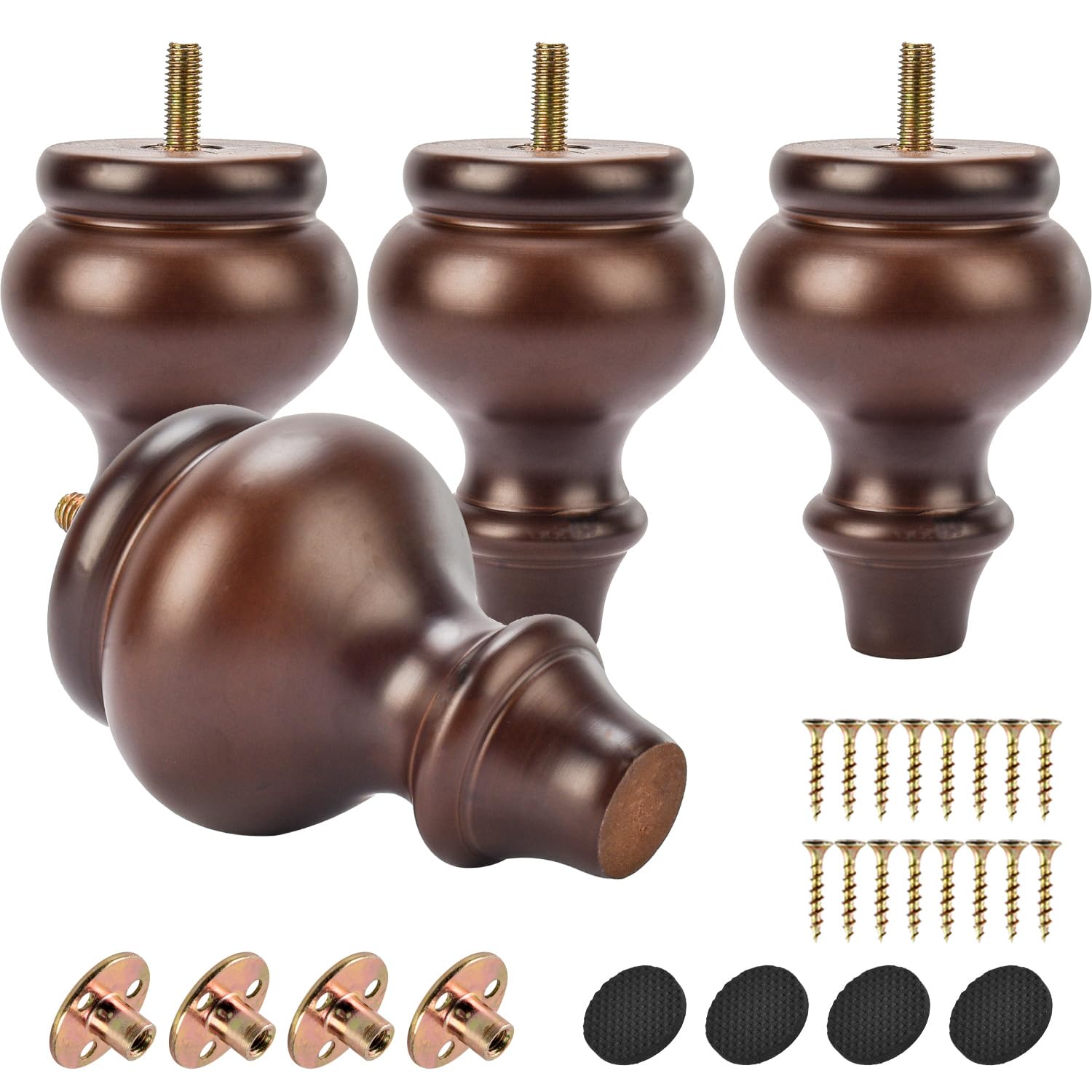 Btowin 5.2 Inch /13cm Solid Wood Furniture Legs, 4Pcs Walnut Couch Legs Turned Wooden Bun Feet with Threaded M8 Hanger Bolts & Mounting Plate & Screws for Sofa Cabinet TV Stand Ottoman Armchair