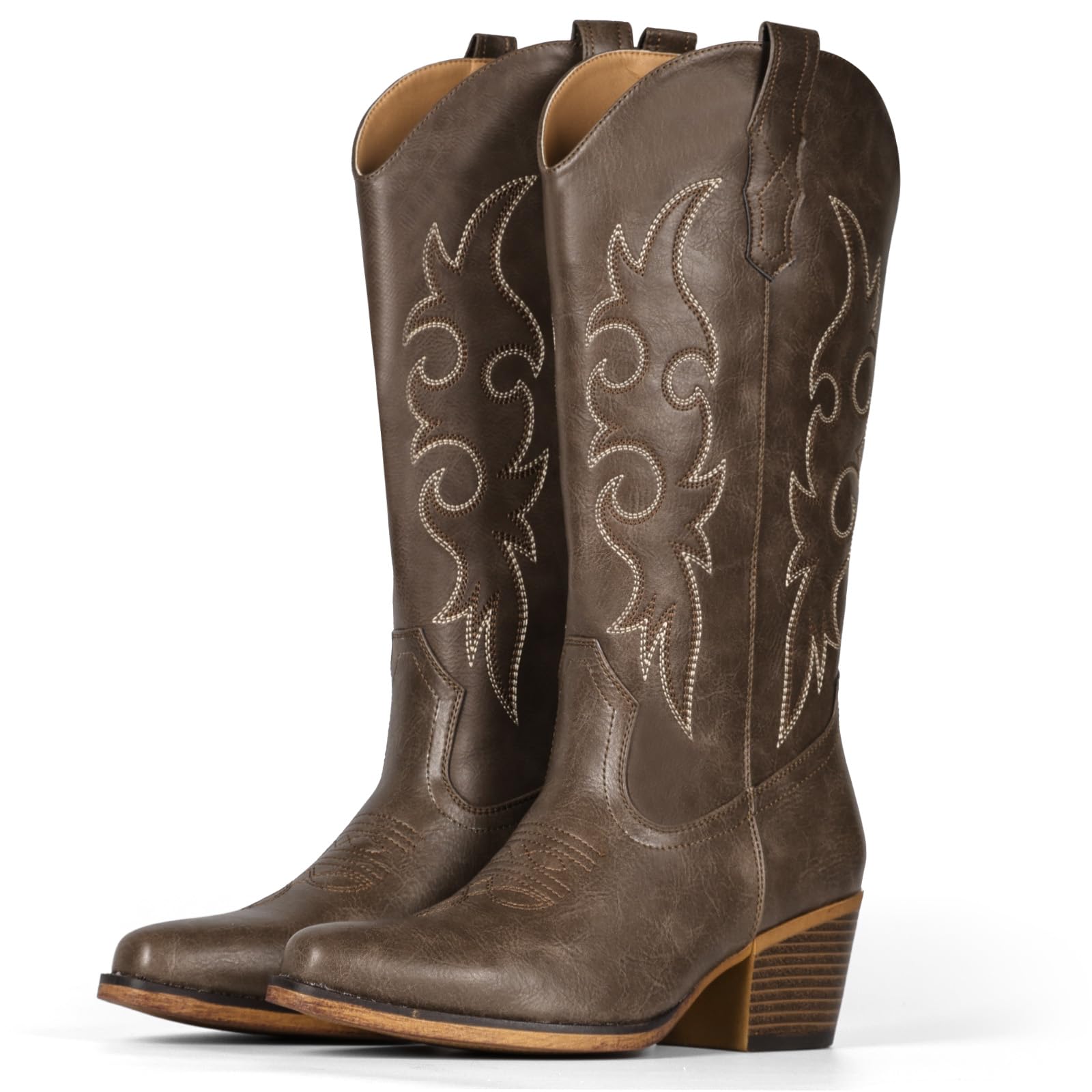 IUV Wide Cowboy Boots For Women Western Cowgirl Boots Mid Calf Snip Toe Boot With Chunky Heel Image