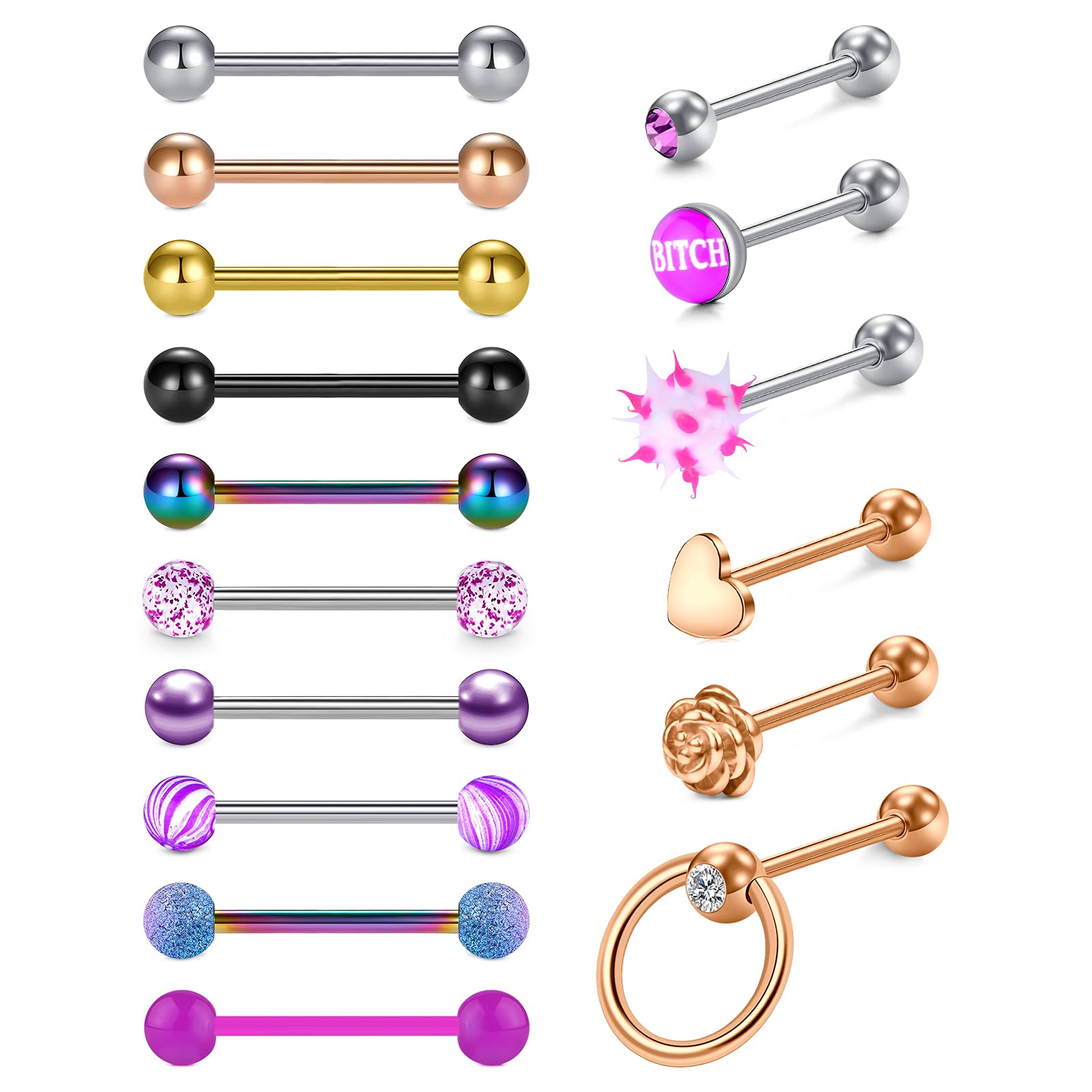 D.Bella 16Pcs Tongue Bars 16mm Tongue Piercing Jewellery Stainless Steel Heart Flower Shaped Straight Barbells Tongue Nipple Body Piercing Jewelry