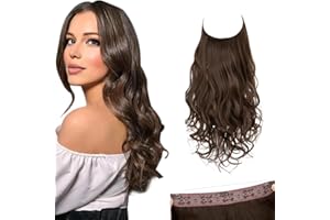 SARLA Invisible Wire Hair Extensions with 3 Clips Short Synthetic Wavy Curly Hairpiece Adjustable Transparent Headband for Women 14 Inch Medium Brown