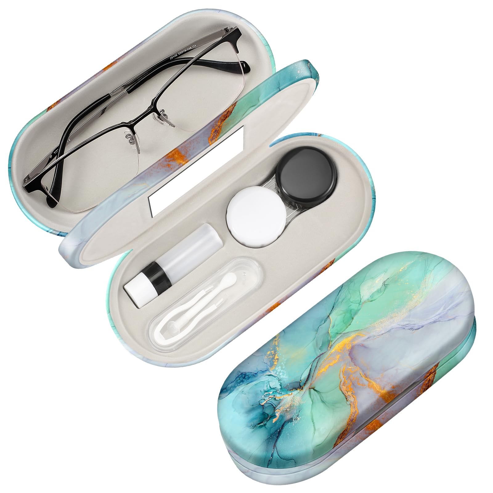 FINTIE 2 in 1 Glasses and Contact Lens Case, Double Sided Glasses Case Portable Travel Dual Spectacle Case with Built-in Mirror, Tweezer and Contact Lens Solution Bottle, Emerald Marble