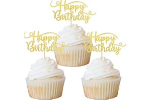 Rsstarxi 24 Pack Happy Birthday Cupcake Toppers Gold Glitter Birthday Cupcake Food Picks for Celebrating Happy Birthday Party Cake Decorations Supplies