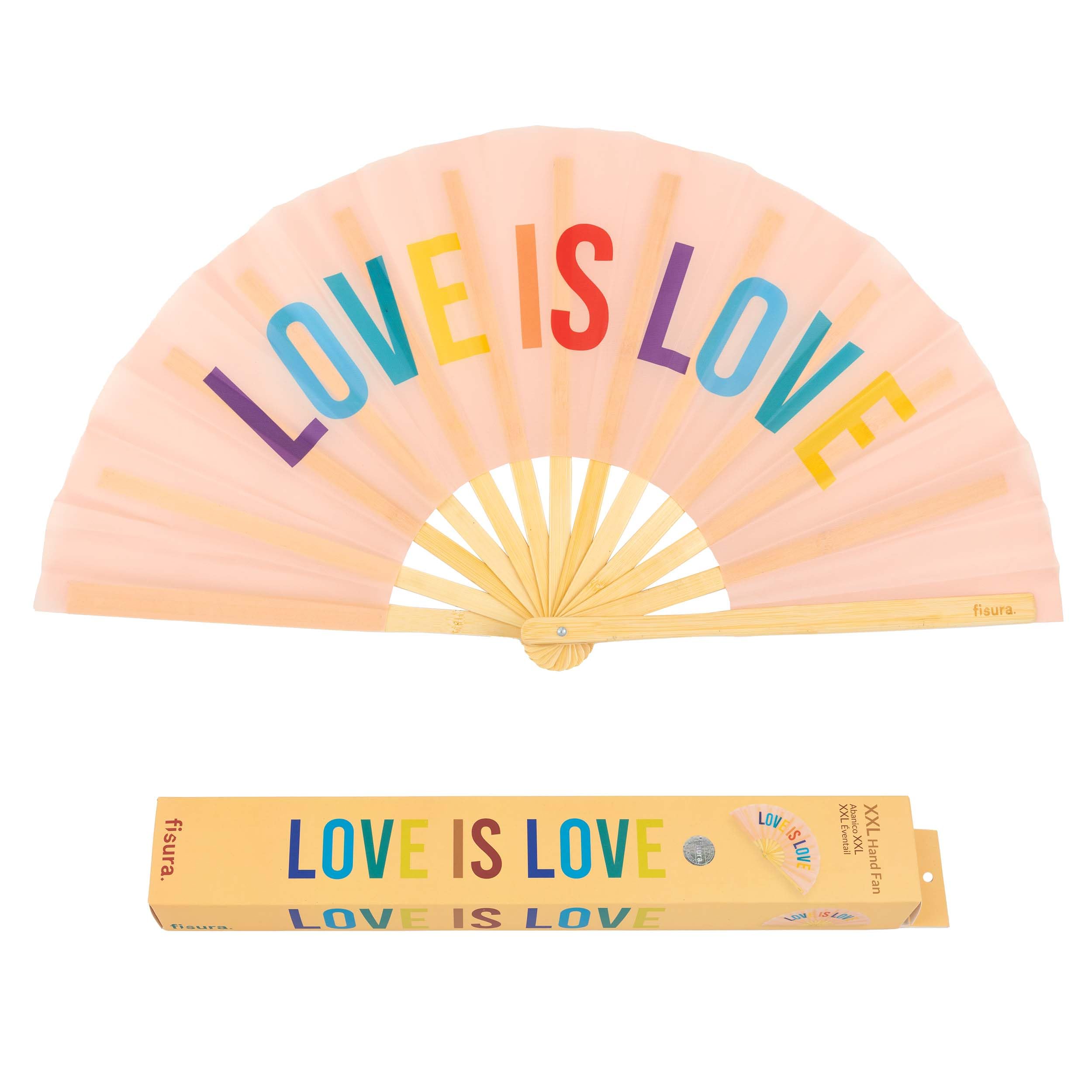 Fisura – Large Handheld Folding Fan. Original Fan with Large Message. XXL Fan for Festivals and Parties. Foldable Bamboo Fan. Dimensions: 25.2 x 13 inches. (Love, Rainbow)
